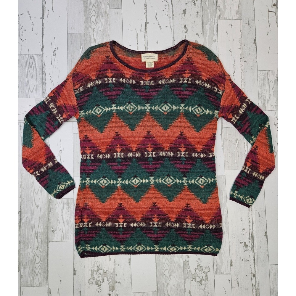 Denim & Supply Ralph Lauren Womens XS Southwestern Geometric Knit Sweater Orange